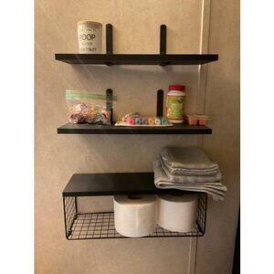 Over Toilet Floating Bathroom Shelf Wall Mounted with Wire Basket Floating Shelf